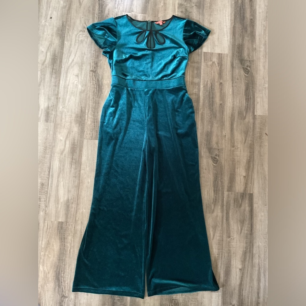 MODCLOTH Jumpsuit Velvet Short Sleeve Wide Leg Pockets Teal Size Large - Picture 2 of 5